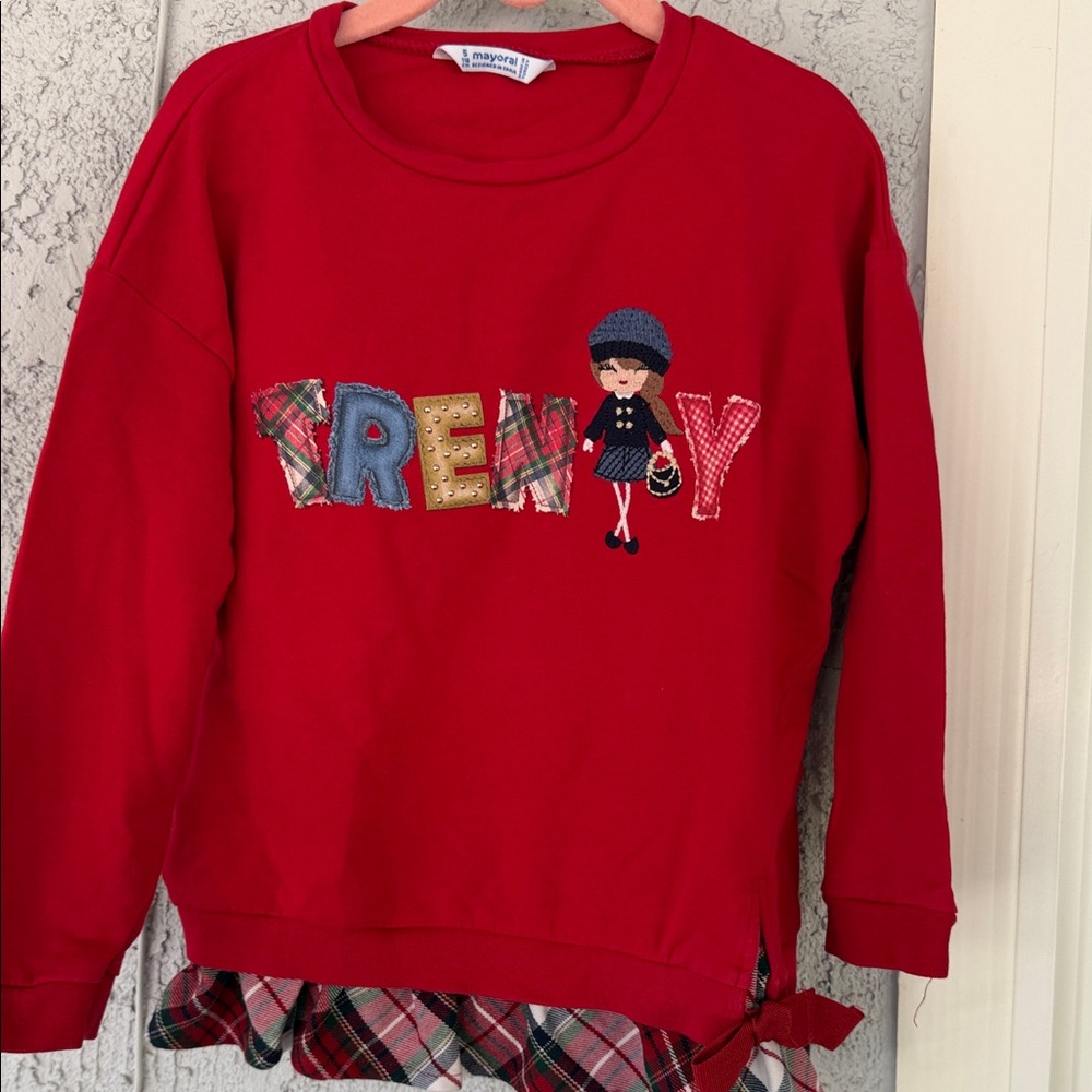 Mayoral Red Girls' Sweatshirt with Appliqué Doll & Plaid Hem